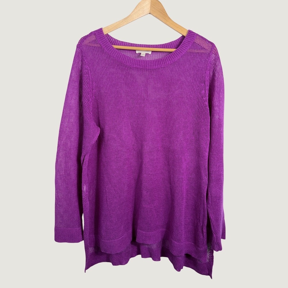 Eileen Fisher Sweater 1X Purple Organic Linen Knit Tunic Relaxed Lightweight